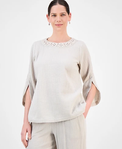 Jm Collection Women's Embellished Cotton Gauze Top, Exclusively at Macy's