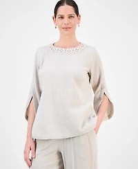 Jm Collection Women's Embellished Cotton Gauze Top, Exclusively at Macy's