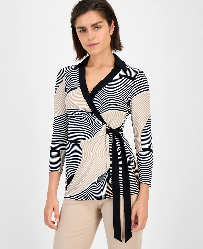 Anne Klein Women's Geo-Print 3/4-Sleeve Wrap Top