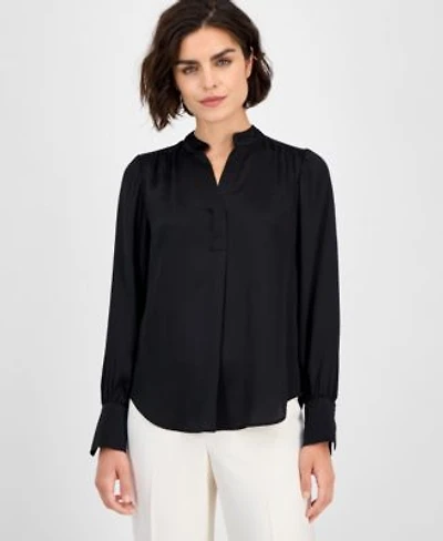 Anne Klein Womens Textured Split Neck Long Sleeve Top P Xxs Xxl