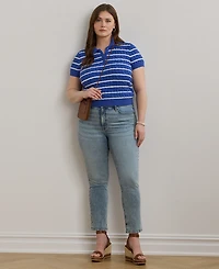 Lauren Ralph Plus Striped Cable-Knit Cotton Polo Sweater