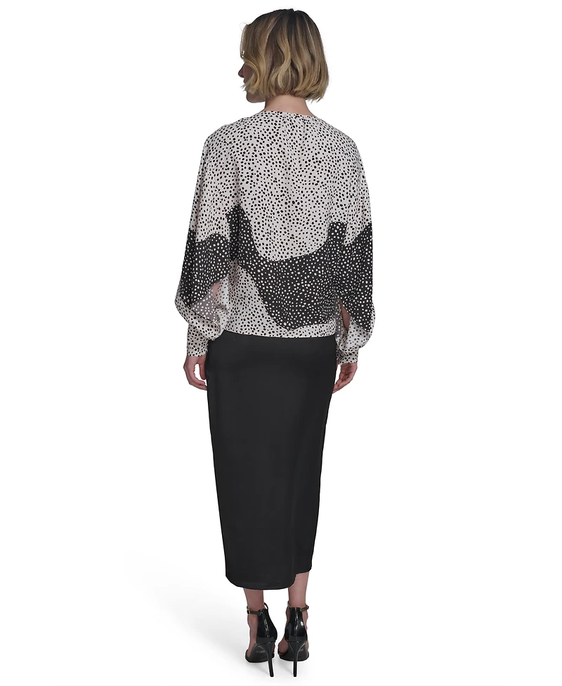 Halston Women's Printed Boat-Neck Blouson-Sleeve Top