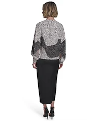 Halston Women's Printed Boat-Neck Blouson-Sleeve Top
