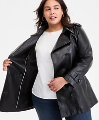 Bcbgmaxazria Plus Double-Breasted Faux-Leather Belted Trench Coat