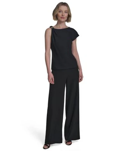 Halston Womens Asymmetric One Shoulder Hardware Top Horsebit Buckle Straight Leg Pants