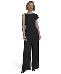 Halston Womens Asymmetric One Shoulder Hardware Top Horsebit Buckle Straight Leg Pants