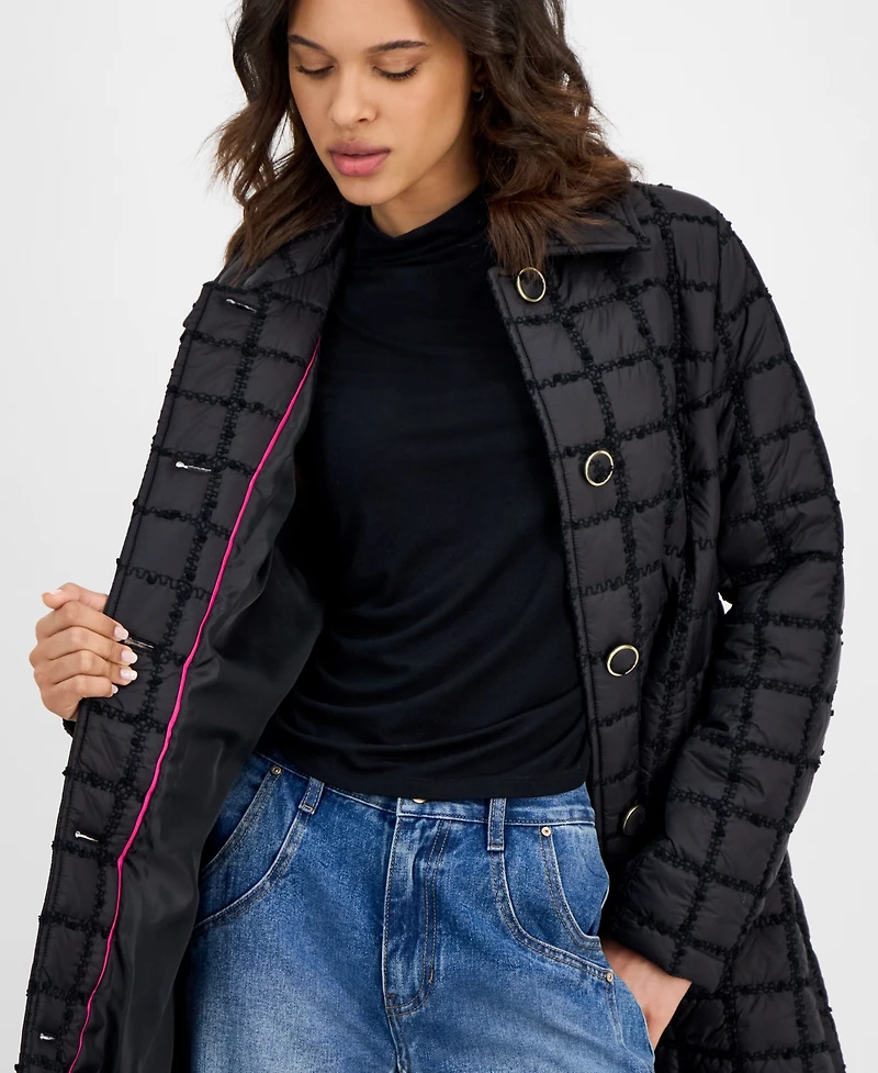 CeCe Women's Long Boucle Windowpane Quilted Coat
