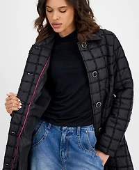 CeCe Women's Long Boucle Windowpane Quilted Coat