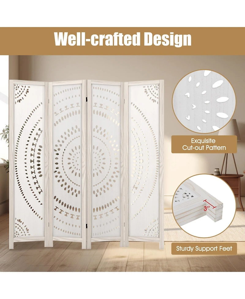 4-Panel Boho Room Divider – Privacy Screen with Detailed Carved Design for Home or Office