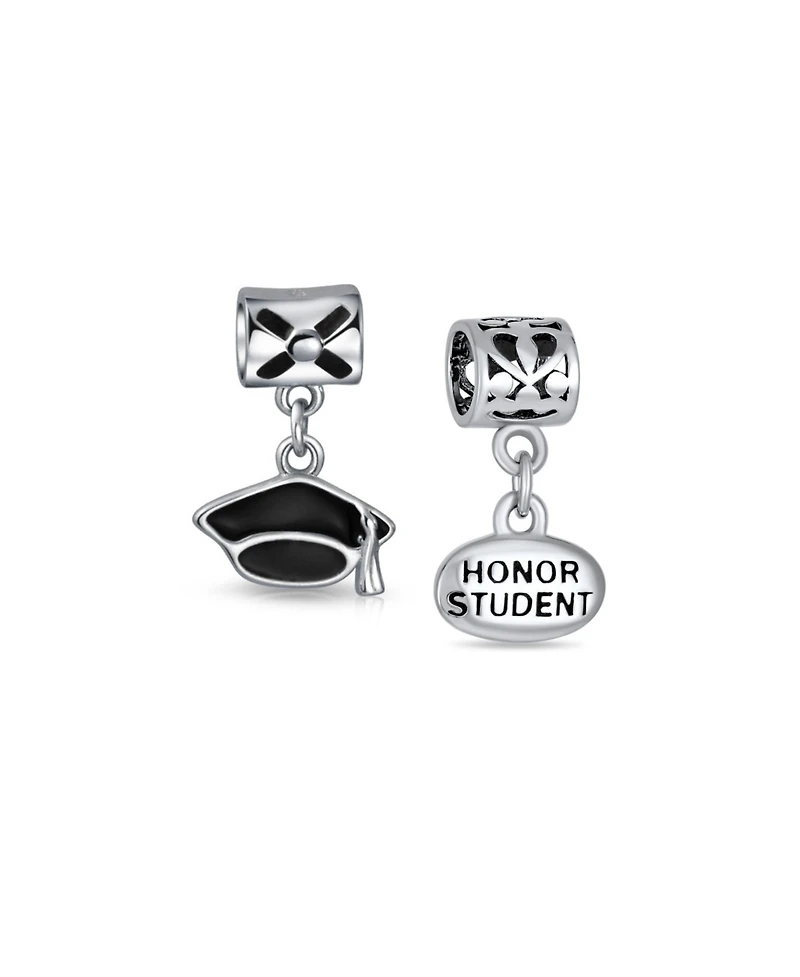 Bling Jewelry Set of 2 Graduation Cap & Words Honor Student Dangle Charm Bead Sterling Silver