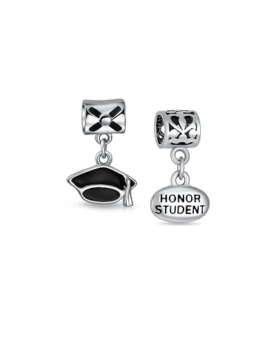 Bling Jewelry Set of 2 Graduation Cap & Words Honor Student Dangle Charm Bead Sterling Silver