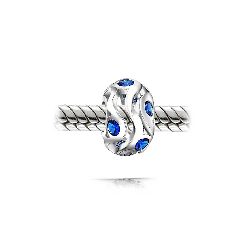 Bling Jewelry Set of 2 Wave Royal Blue Cubic Zirconia Charm Bead Simulated Sapphire Sterling Silver