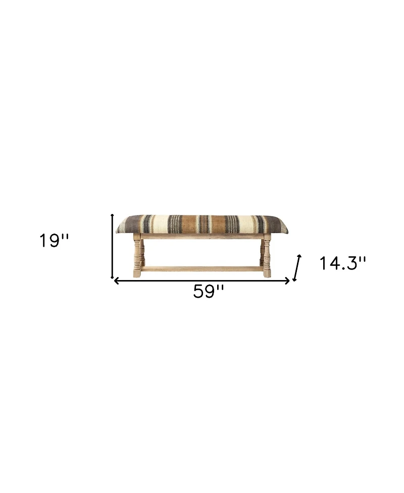Striped Jute Upholstered Accent Bench for Living Room or Hallway