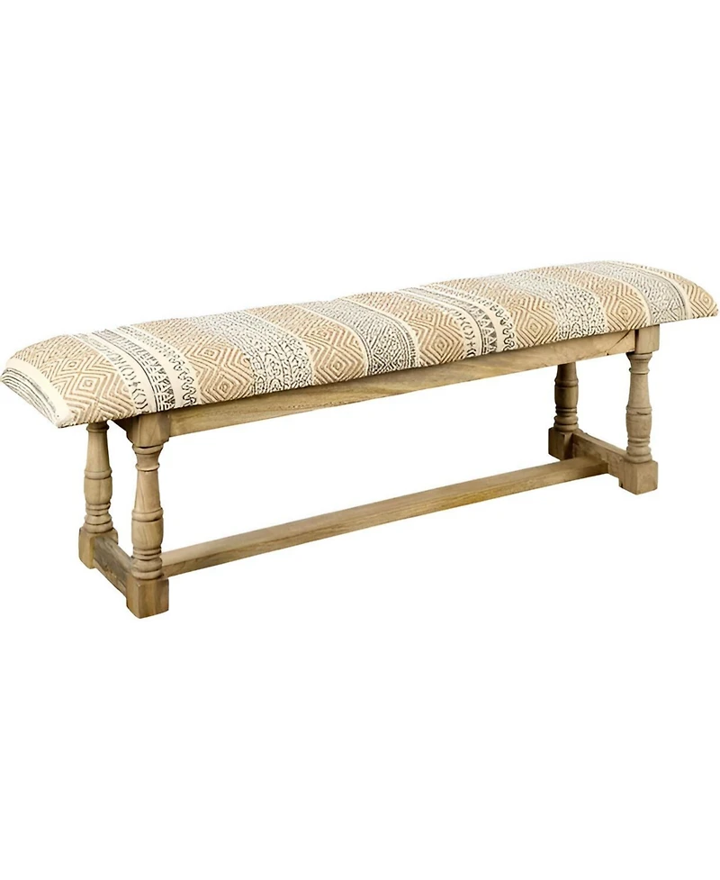 Geometric Upholstered Jute Accent Bench for Entryway or Living Room