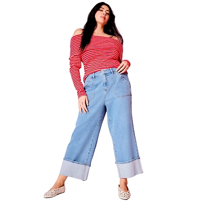 June + Vie Women's Wide-Leg Cropped Cuffed Jeans