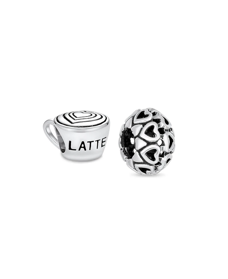 Bling Jewelry Set of 2 Latte Cup and Open Filigree Heart Charm Bead Oxidized Sterling Silver