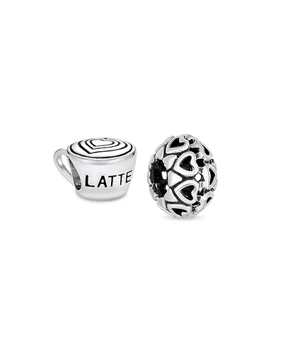 Bling Jewelry Set of 2 Latte Cup and Open Filigree Heart Charm Bead Oxidized Sterling Silver