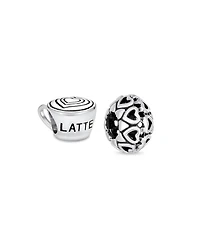 Bling Jewelry Set of 2 Latte Cup and Open Filigree Heart Charm Bead Oxidized Sterling Silver