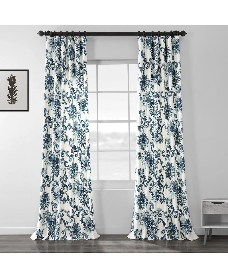 Half Price Drapes Indonesian Blue Floral Printed Cotton Room Darkening Curtain