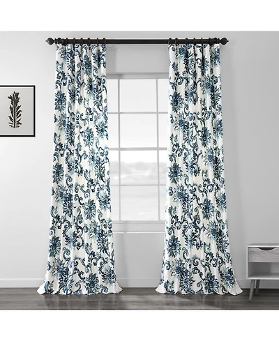 Half Price Drapes Indonesian Blue Floral Printed Cotton Room Darkening Curtain