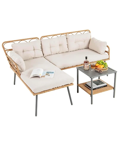 3 Pcs Corner Patio Furniture Cushioned Sofa Set with Small Coffee Table Outdoor