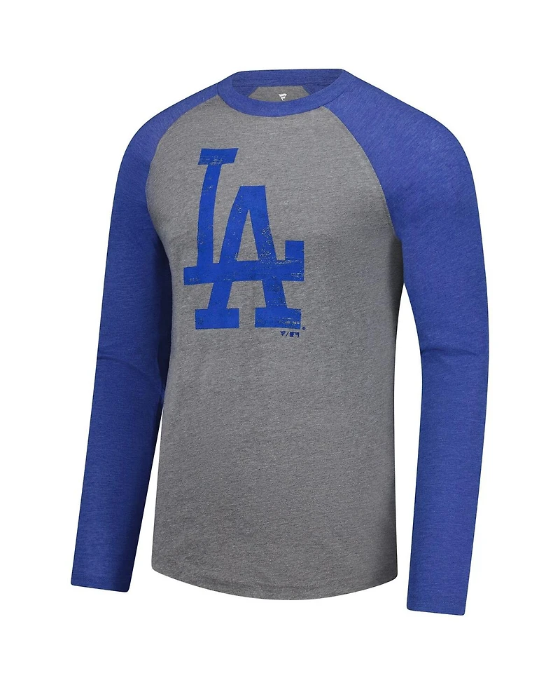 Fanatics Men's Heather Gray/Heather Royal Los Angeles Dodgers Weathered Logo Tri-Blend Raglan Long Sleeve T-Shirt