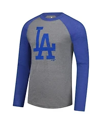Fanatics Men's Heather Gray/Heather Royal Los Angeles Dodgers Weathered Logo Tri-Blend Raglan Long Sleeve T-Shirt