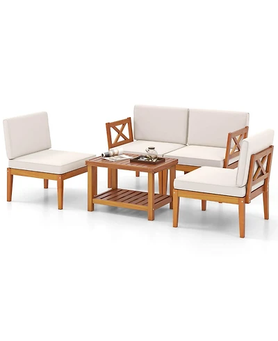 5 Pcs Acacia Wood Patio Furniture Set with Cushions and 2-Tier Coffee Table
