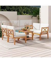 5 Pcs Acacia Wood Patio Furniture Set with Cushions and 2-Tier Coffee Table