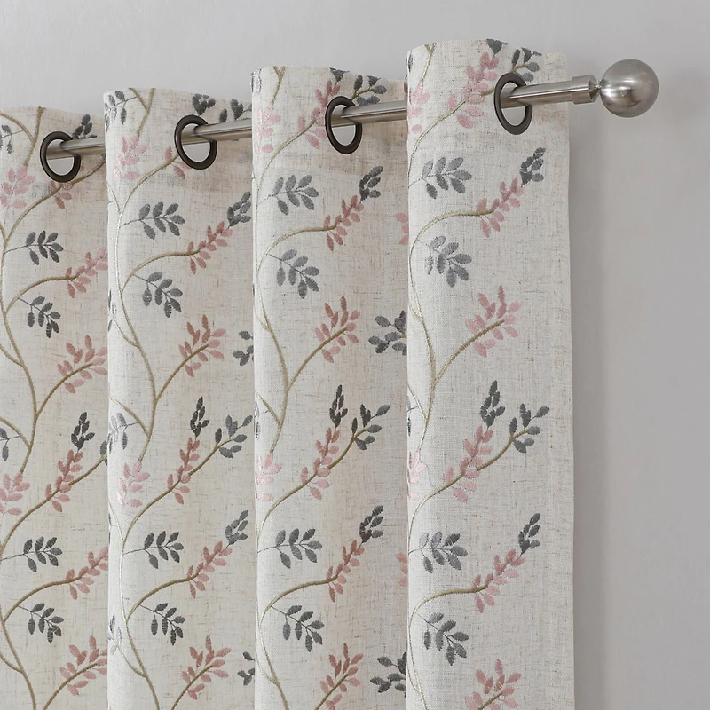Kate Aurora 1 Piece Vanessa Floral Embroidered Linen Blend Semi Sheer Grommet Window Curtain Panel