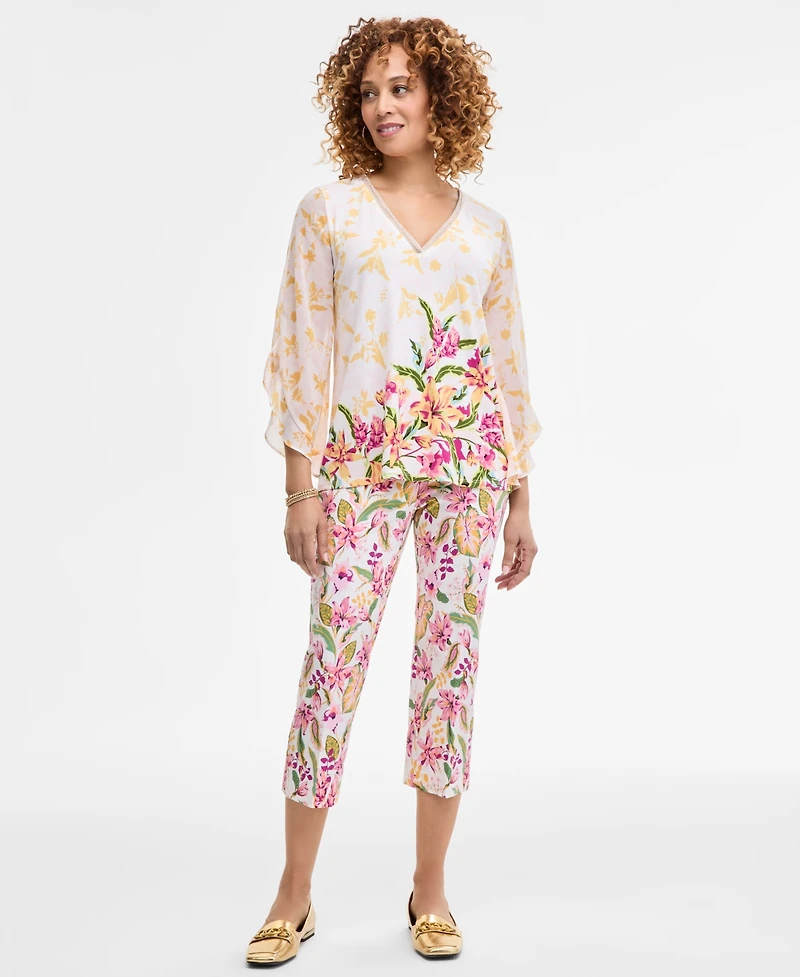 Jm Collection Women's Printed Embellished V-Neck Ruffle-Sleeve Top, Exclusively at Macy's