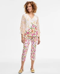 Jm Collection Women's Printed Embellished V-Neck Ruffle-Sleeve Top, Exclusively at Macy's