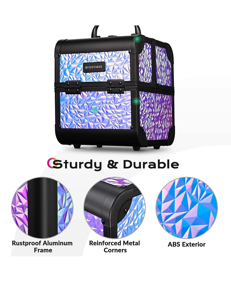 Byootique Rolling Makeup Train Case 3-Piece Cosmetic Organizer Kit Trolley Organizer Travel Case Lockable Salon Barber Case Traveling Cart Trunk with