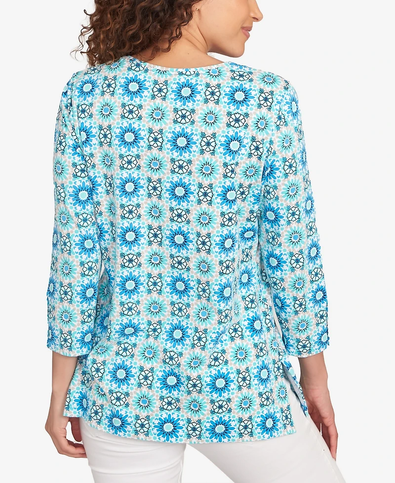 Ruby Rd. Petite Medallion Tile Floral Faux Surplice Top