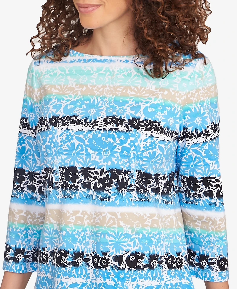Ruby Rd. Petite Watercolor Floral Stripe Top