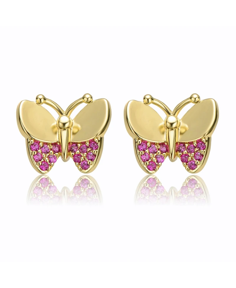 Children's 14k Gold Plated with Red Cubic Zirconia Pave Butterfly Stud Earrings