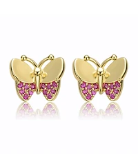 Children's 14k Gold Plated with Red Cubic Zirconia Pave Butterfly Stud Earrings