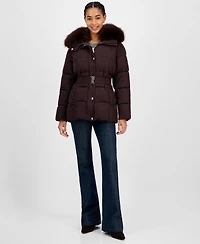 Michael Michael Kors Women's Belted Hooded Faux-Fur-Collar Puffer Coat, Exclusively at Macy's