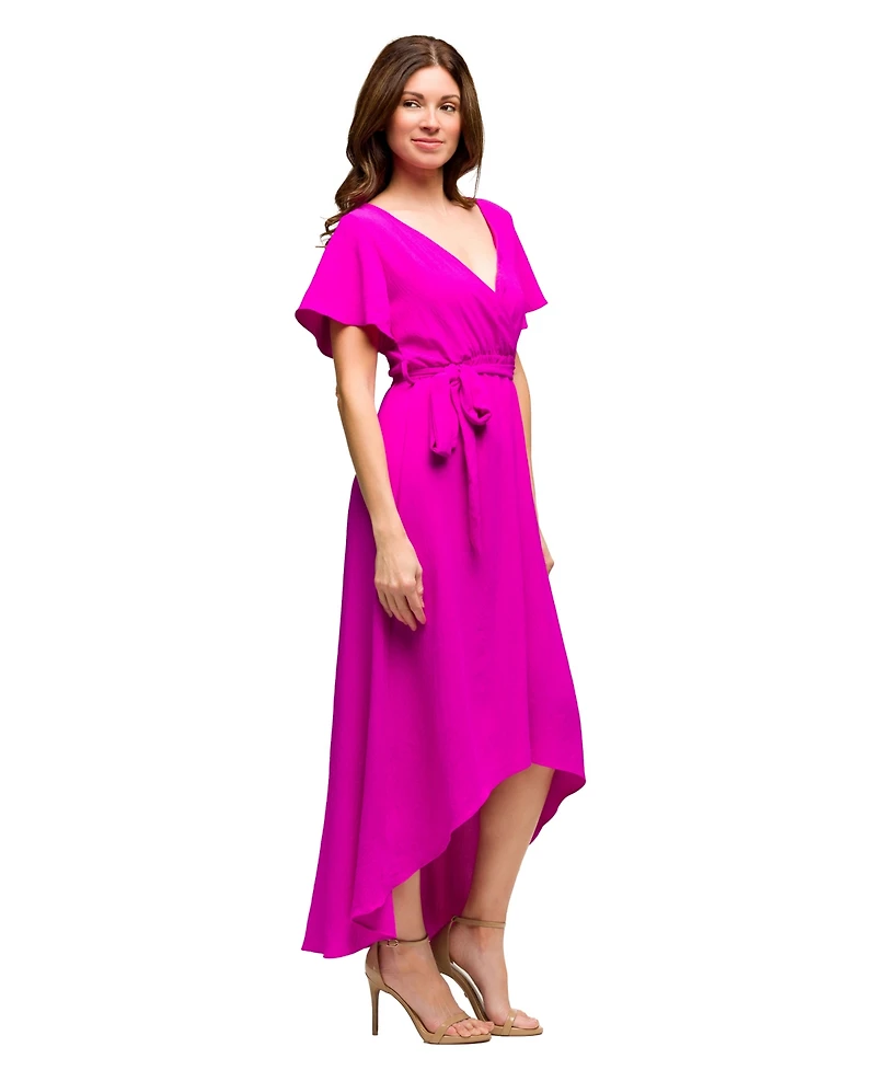 24seven Comfort Apparel Women's V Neck Belted Faux Wrap High Low Dress