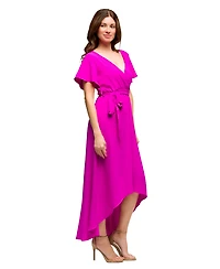 24seven Comfort Apparel Women's V Neck Belted Faux Wrap High Low Dress