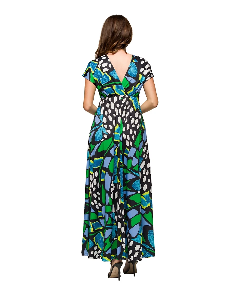 24seven Comfort Apparel Women's V Neck Empire Waist Cap Sleeve Maxi Dress