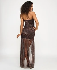 Katia Rae Juniors' Animal-Print Strapless Ruched Gown