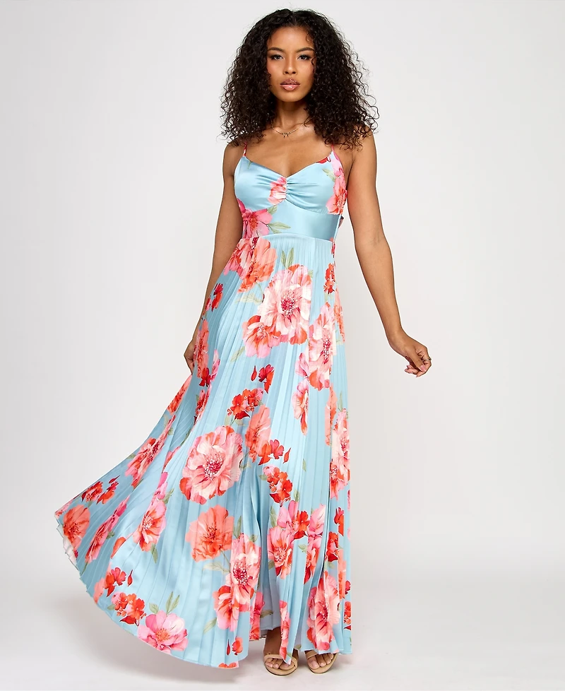 Katia Rae Juniors' Floral Bow-Back Pleated Maxi Dress