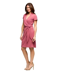 24seven Comfort Apparel Women's Mandarin Collar Knee Length Wrap Dress