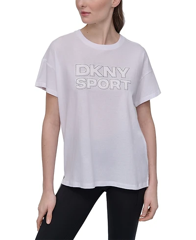 Dkny Sports Women's Rhinestone-Logo Drop-Shoulder T-Shirt