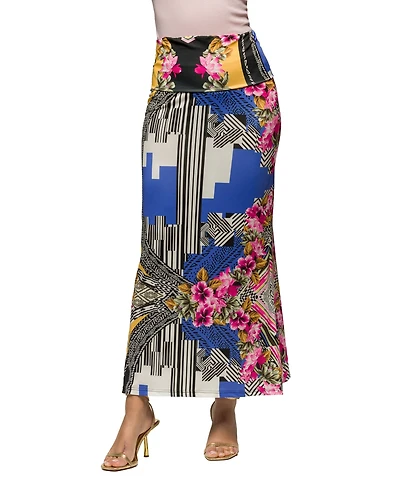 24seven Comfort Apparel Women's Multicolor Floral Print Fold Over Waist Maxi Skirt