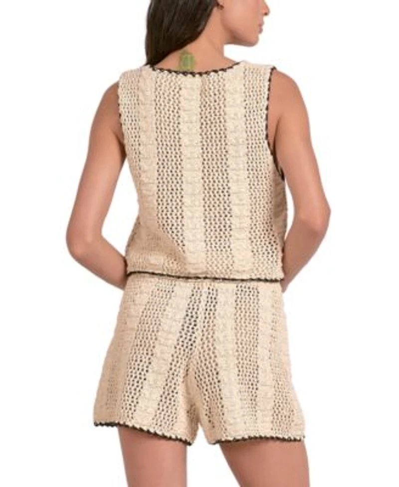 Elan Womens Crochet Tipped Tie Front Vest Crochet Tipped High Waisted Pull On Shorts