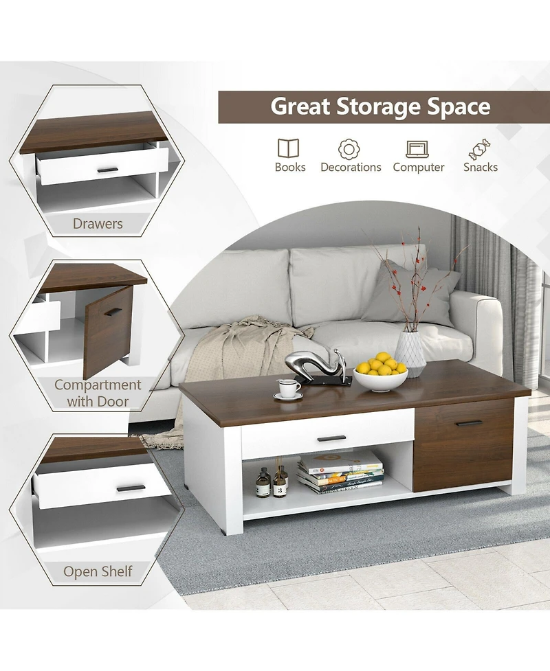 Modern Coffee Table with Front Back Drawers and Compartments for Living Room