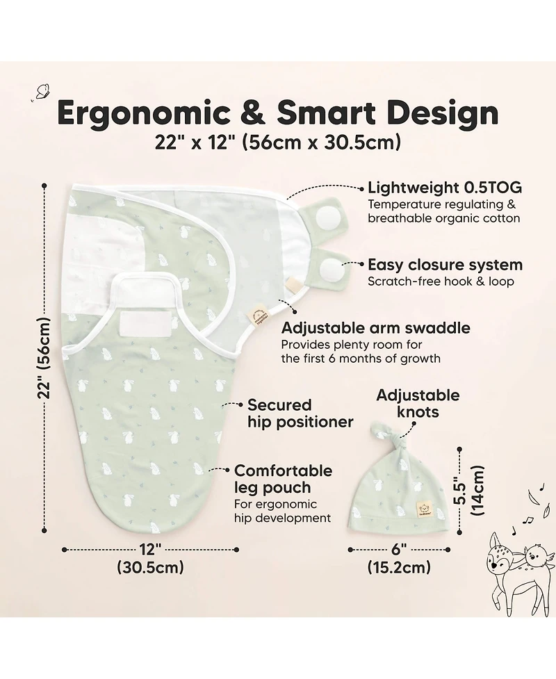 3pk Organic Swaddle Sleep Sacks with Knot Hats, Newborn 0-3 Months