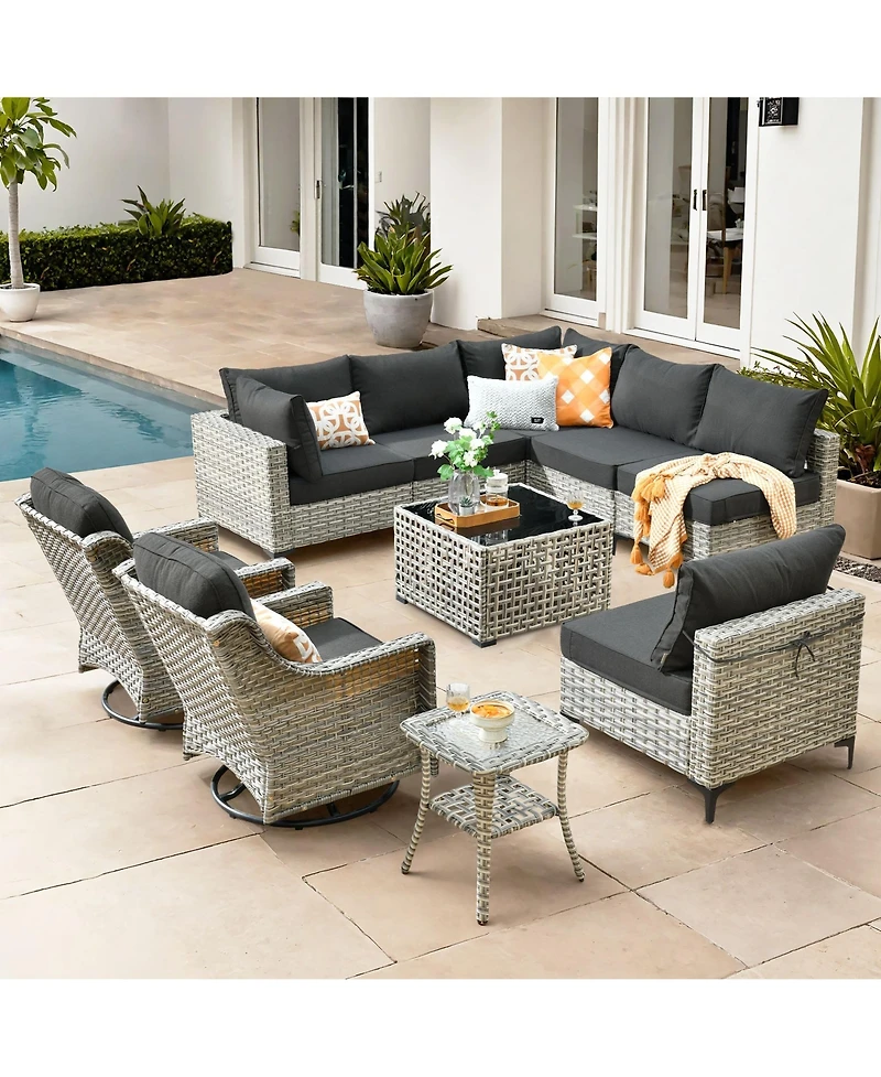 Xizzi 10 Piece Outdoor Patio Furniture with Swivel Rocking Chairs,All Weather Rattan Wicker Sectional Coversation Set Solar Coffee Table, Single